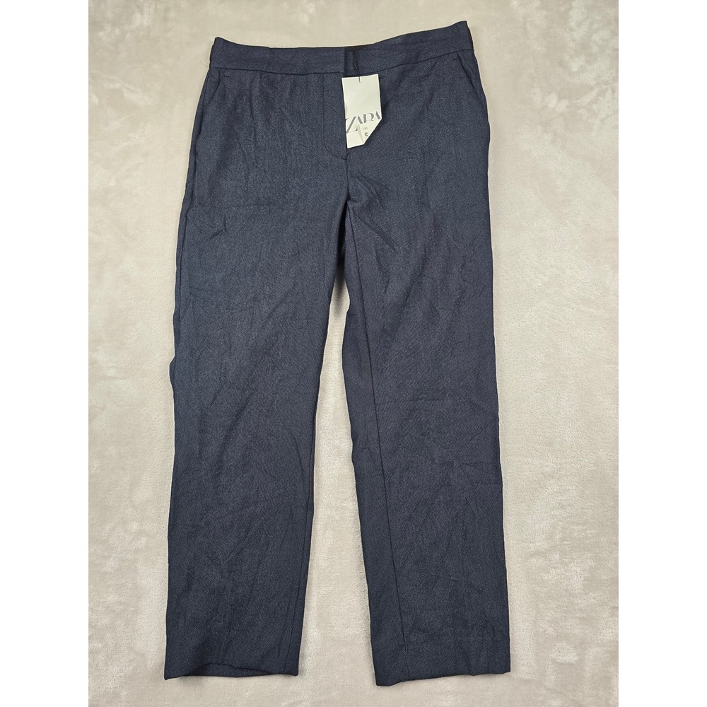 Zara Trousers‎ Women L Blue Straight Elastic Waist Dress Pants 26" Inseam *Read